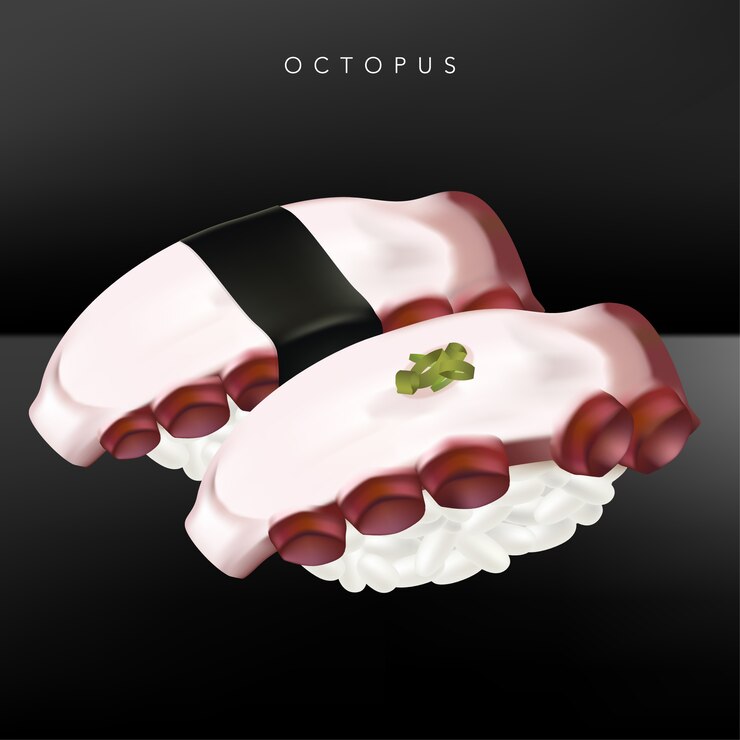 Vetor ilustração 3d restaurante japonês fino ou sushi bar restaurante polvo realista ou tako sushi ilustração com algas