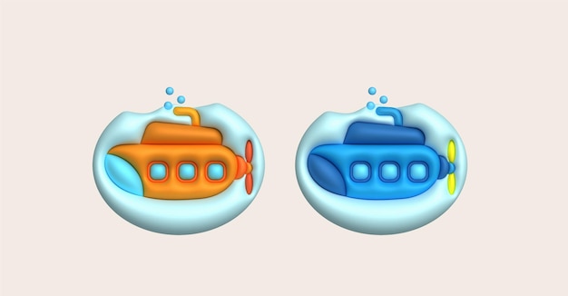 Vetor ilustração 3d submarino submarino com bolha brinquedos para crianças estilo minimalista