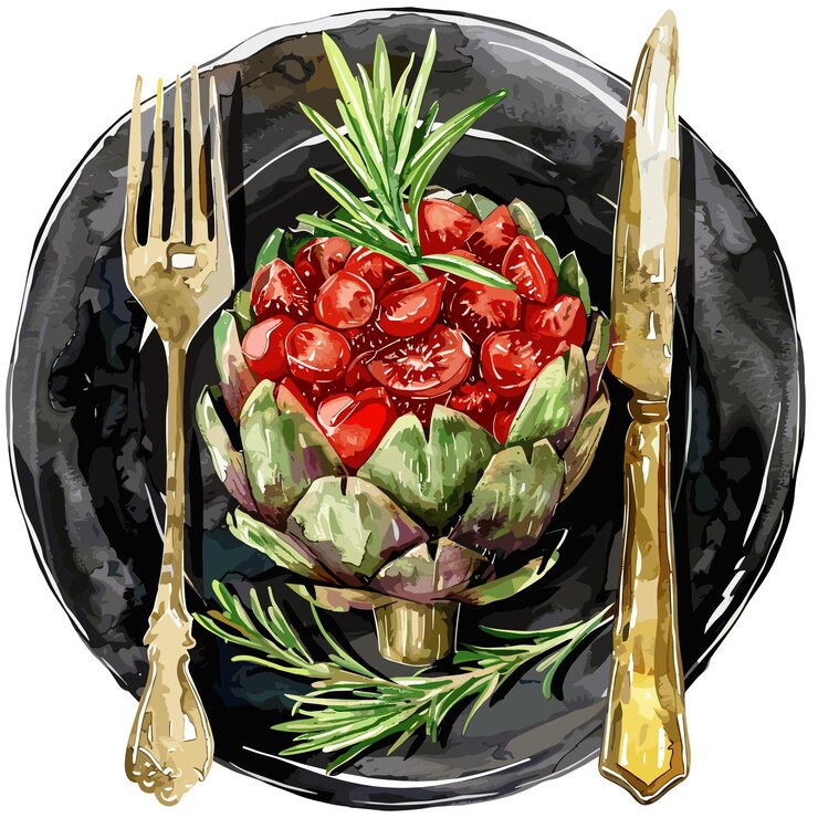 Vetor ilustração a aquarela de alcachofra recheada de cranberries e romário em um prato preto com garfo e faca de ouro