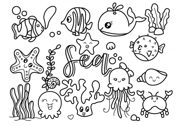 Ilustração a preto e branco conjunto mar doodle