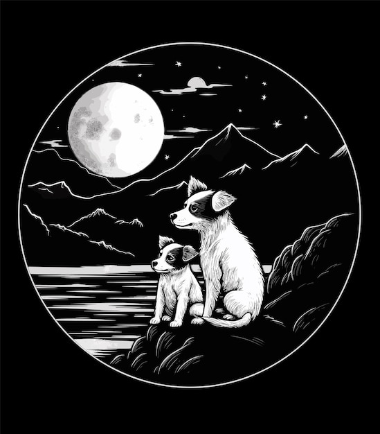 ilustração a preto e branco de um cachorro e cachorro bebê à noite