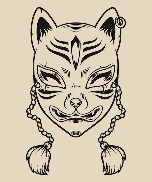 Ilustração a preto e branco de uma máscara de raposa japonesa em um fundo branco. máscara kitsune.