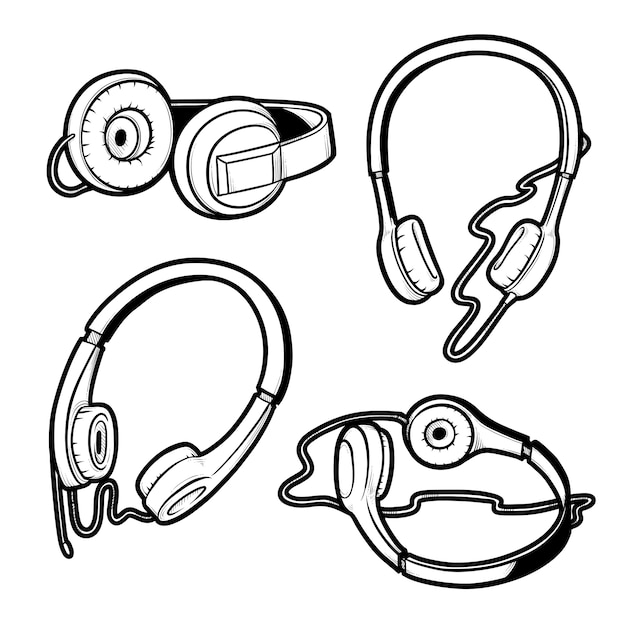 Ilustração a preto e branco desenho de conjunto de fones de ouvido com microfone e sem ele. desenho isolado do fone de ouvido da mão de ângulos diferentes.