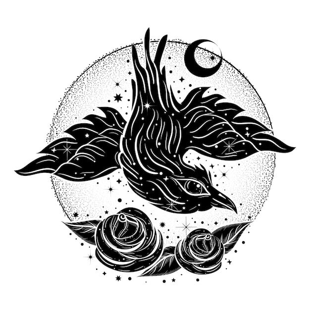 Ilustração abstrata boho com corvo e rosas estilo de tatuagem flash