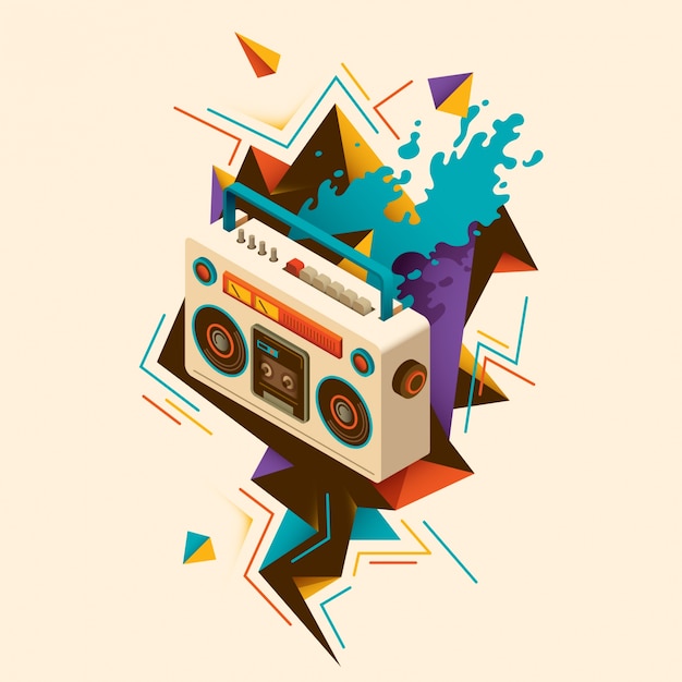 Ilustração abstrata com rádio isométrico e vários elementos gráficos.