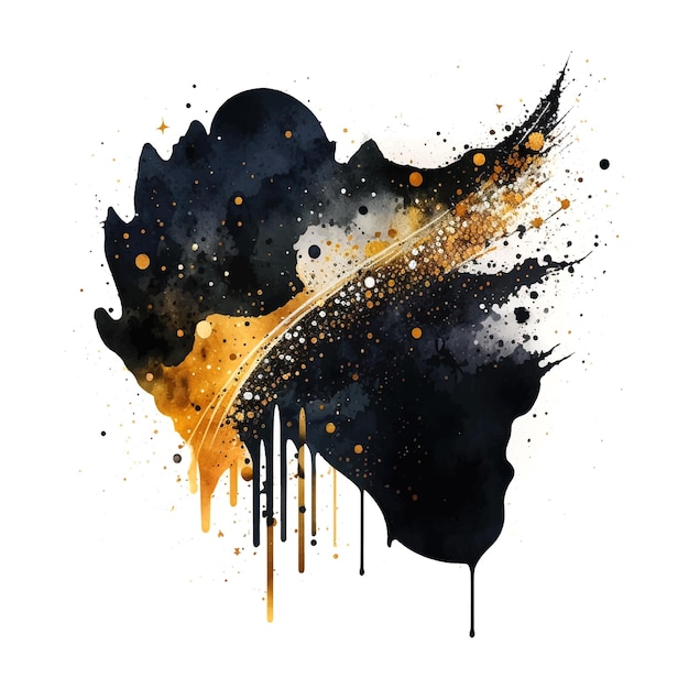 Ilustração abstrata da moda com ponto de respingo de aquarela de glitter dourado preto no fundo branco estilo moderno mármore de tinta vetorial de ouro