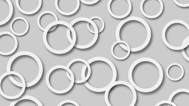 Ilustração abstrata de anéis brancos dispostos aleatoriamente com sombras suaves no fundo cinza