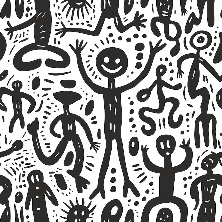 Vetor ilustração abstrata em preto e branco de figuras humanas caprichosas em várias poses dinâmicas