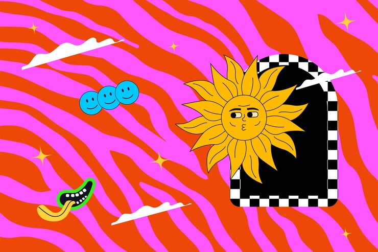 Vetor ilustração abstrata groovy e hippie sol alegre no fundo da zebra ácida trabalhos de arte psicodélicos com emoji e arco