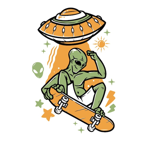 Ilustração alienígena de skate e ufo