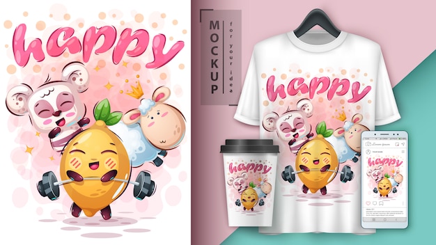 Ilustração animal feliz e merchandising