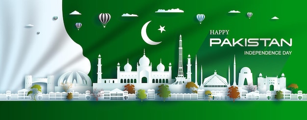 Ilustração aniversário comemoração dia do paquistão com fundo da bandeira verde