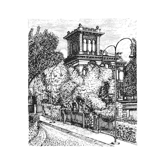 Ilustração antiga do palácio da paisagem da cidade em vetor