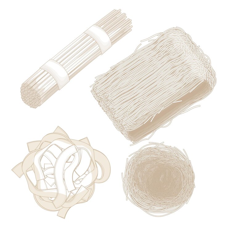 Vetor ilustração arte de linha de logotipo tipos de macarrão de arroz seco, vermicelli de arroz ou bastões de arroz