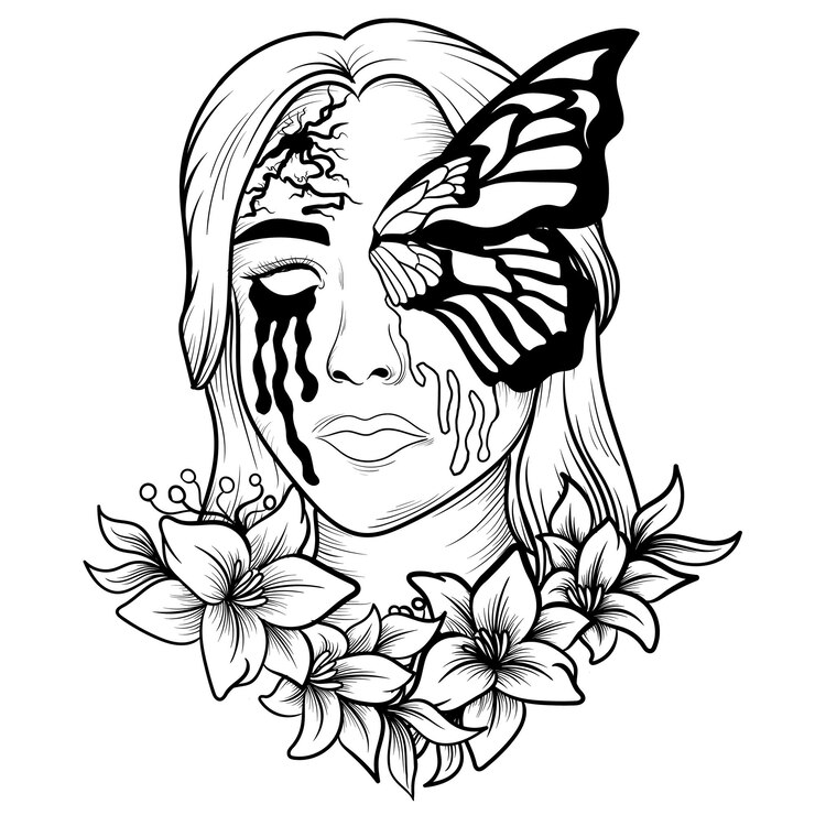Vetor ilustração arte monocromática borboleta menina crânio com design de t-shirt de flor