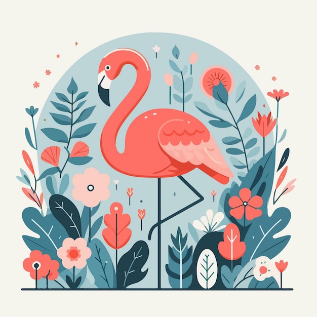 Vetor ilustração artística de um flamingo cercado por elementos da natureza, como flores e plantas