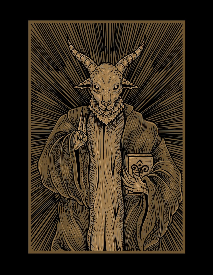 Vetor ilustração baphomet deus com estilo de gravura