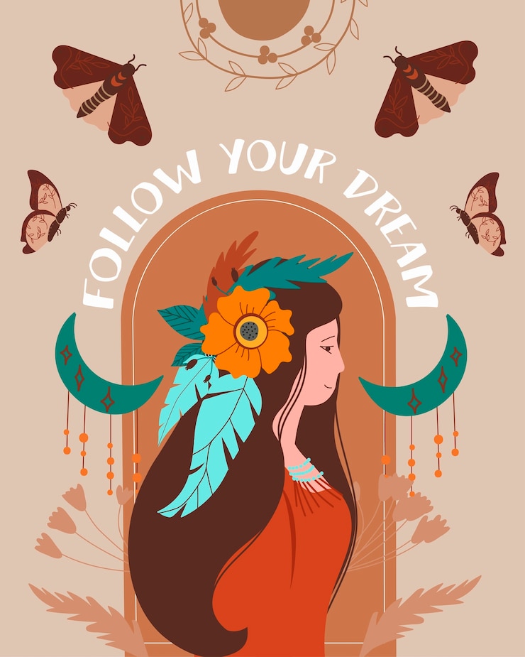 Vetor ilustração boho desenhada à mão com uma mulher étnica com folhas e borboletas