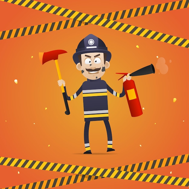 Ilustração, bombeiro segura extintor de incêndio e machado de bombeiro, formato eps 10