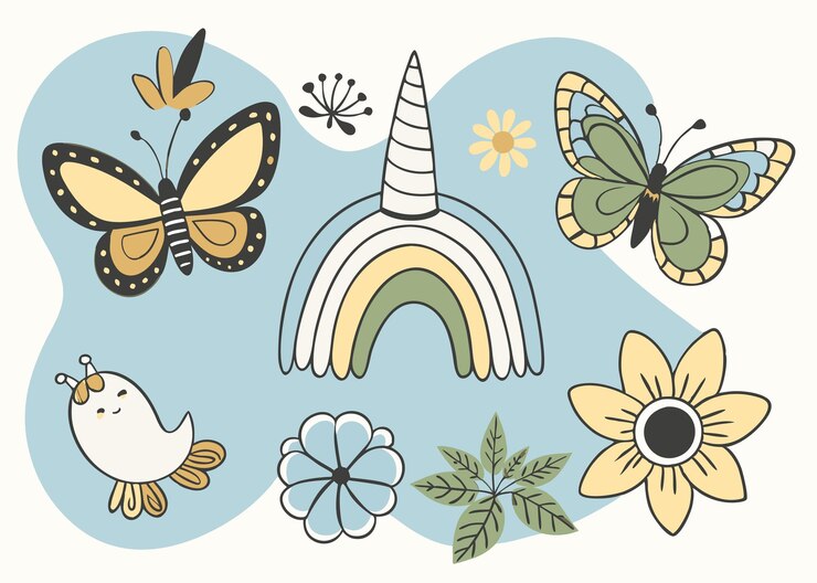 Vetor ilustração bonita de arco-íris e borboleta