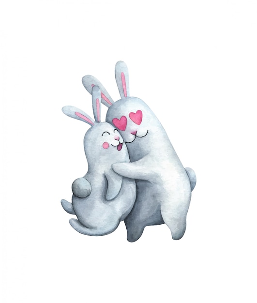 Ilustração bonita de coelhos abraçando no amor.