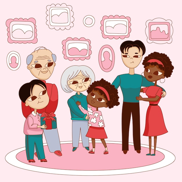 Ilustração bonita de desenho animado com avós felizes pais e filhos família internacional presentes e feriados ilustração vetorial de uma família feliz tradições familiares