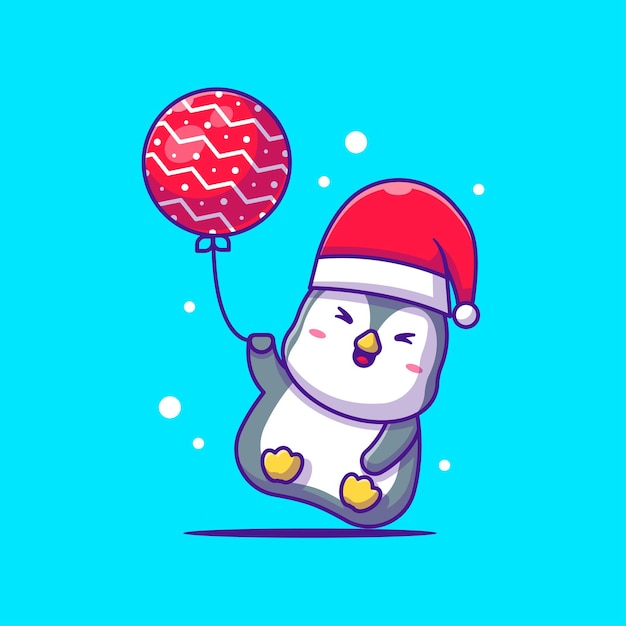 Ilustração bonita de pinguim feliz voar com bola de natal. feliz natal