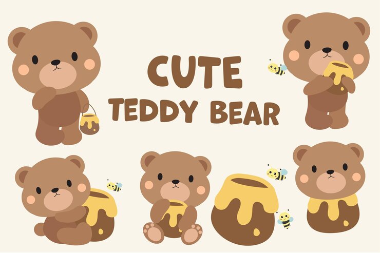 Vetor ilustração bonita de urso de pelúcia com mel e abelhas