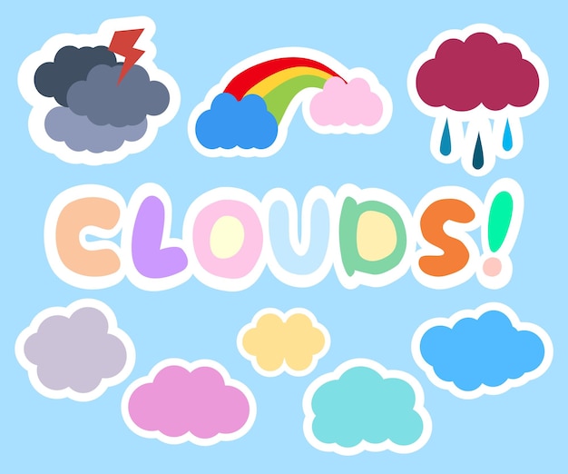 Ilustração bonito adesivos de logotipo de ícones de nuvens coloridas com fundo azul suave