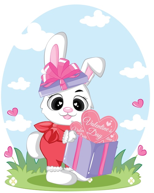 Ilustração bonito dos desenhos animados do dia dos namorados de coelho com caixa de presente