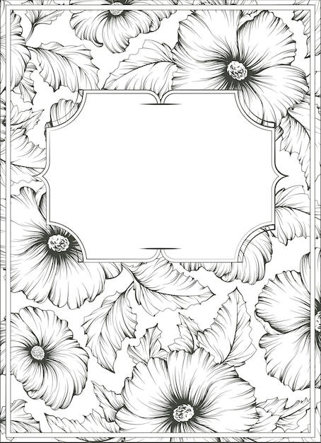 Vetor ilustração botânica de contorno monocromático, fundo com flores de malva e folhas.