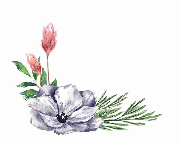 Ilustração botânica de inverno anêmonas deixa design floral de moldura de borda de pampas