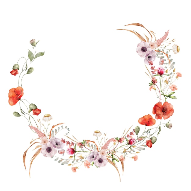 Ilustração botânica desenhada à mão com coroa de flores em aquarela de flores silvestres