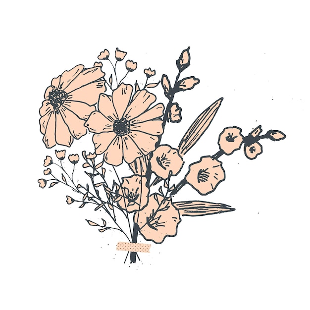 Vetor ilustração botânica desenhada à mão com tinta de buquê de flores com fita washi