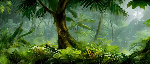 Ilustração botânica tropical palmeira vegetal flor borda fundo selva verde exótica