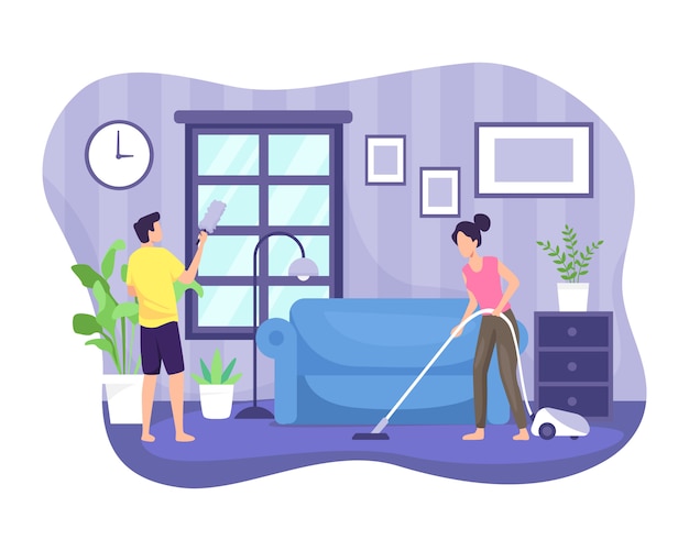ilustração casal limpando a casa
