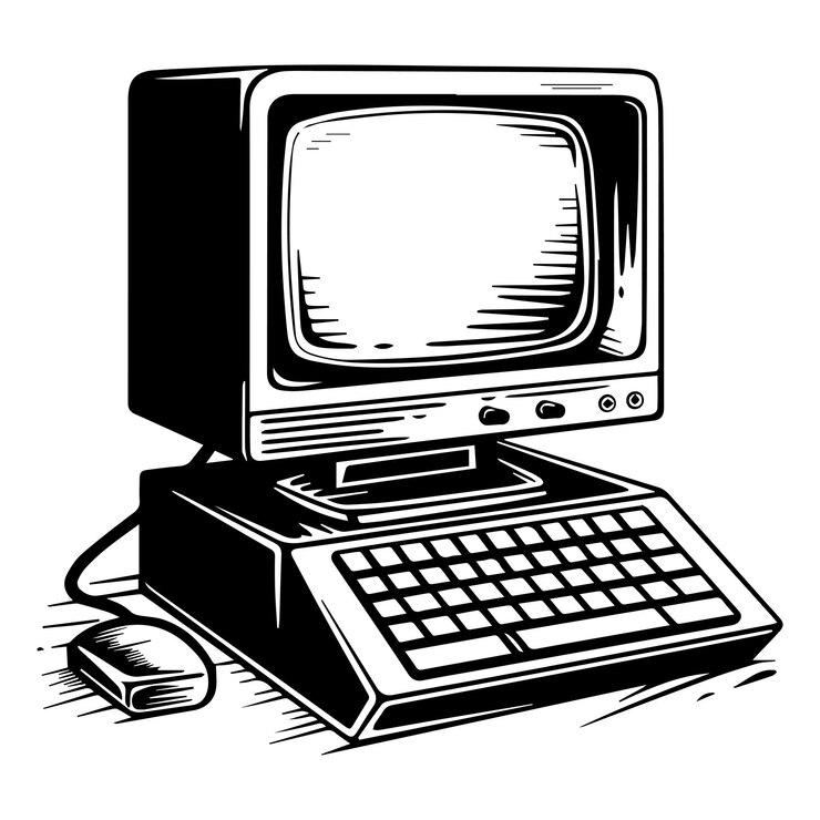 Vetor ilustração clássica desenhada à mão de um antigo computador com gravura detalhada