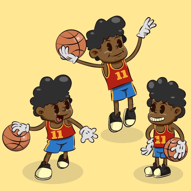 Ilustração clássica dos desenhos animados de criança jogando basquete