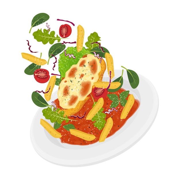 Ilustração Clipart Levitation Frango Parmesan ou frango parmigiana com batata e legumes