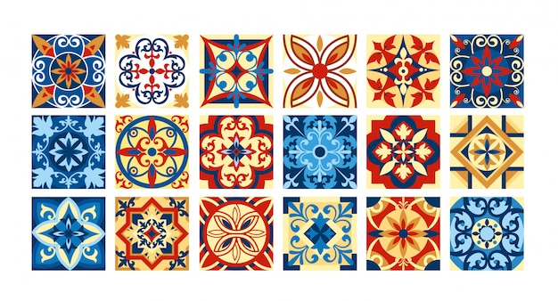 Ilustração coleção de azulejos em cores retrô. um conjunto de padrões quadrados em estilo étnico. ilustração.