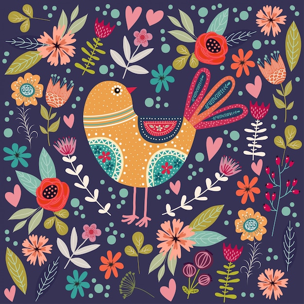 ilustração colorida com belo pássaro folclórico abstrato e flores.