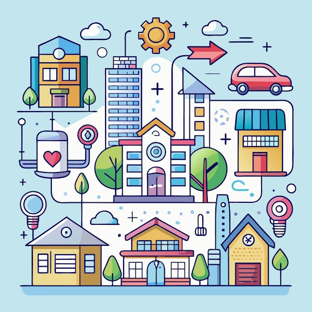 Ilustração colorida da paisagem urbana com edifícios, carros e árvores
