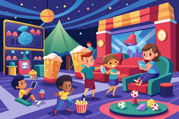 Vetor ilustração colorida de cinco crianças e dois robôs jogando vários jogos em uma vibrante sala de jogos futurista com decorações como estrelas e uma grande exibição de bola de futebol