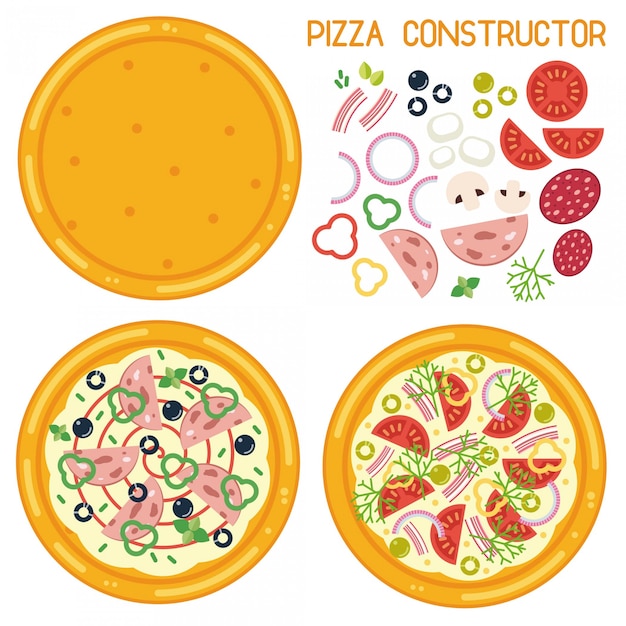 Ilustração colorida de construtor de pizza. base de pizza de estilo simples com ingredientes