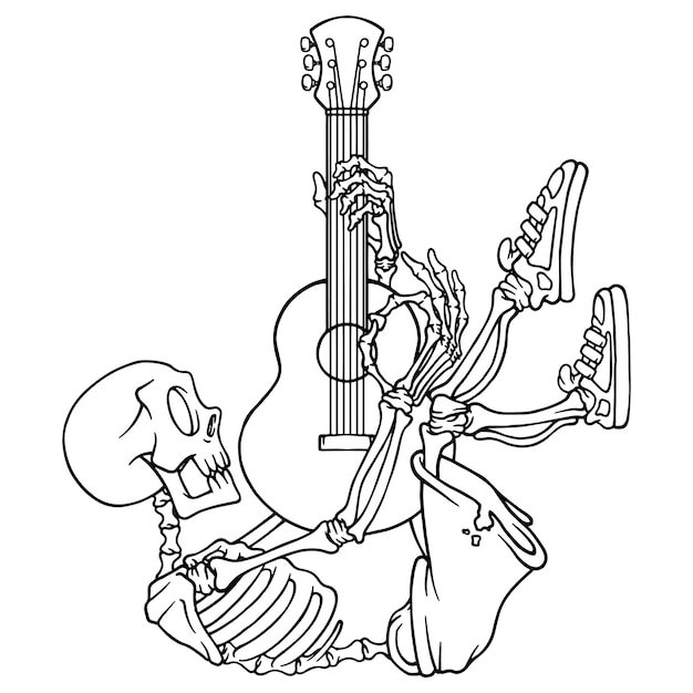 ilustração colorida de esqueleto de cabeça para baixo tocando guitarra