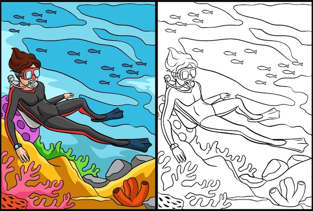 Ilustração colorida de página para colorir de mergulho