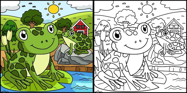 Ilustração colorida de página para colorir de sapo