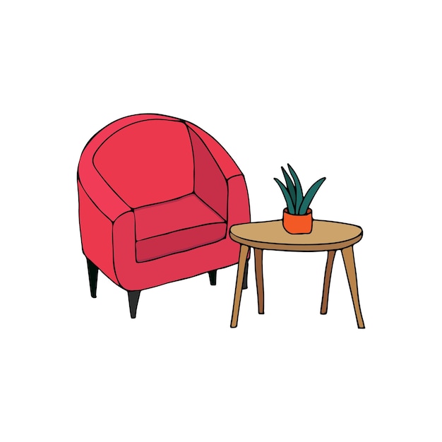 Ilustração colorida de poltrona com mesa e flor nela Ilustração colorida de poltrona doodle com mesa