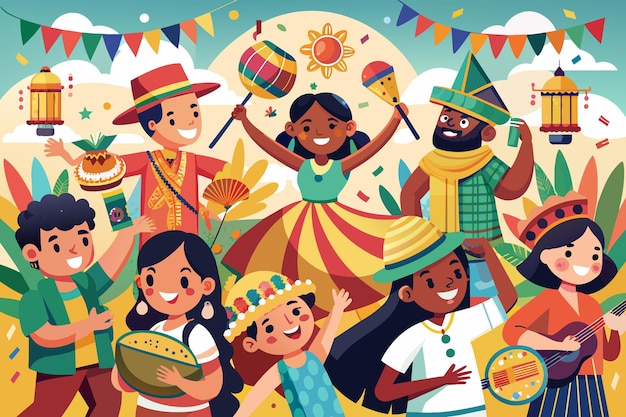 Vetor ilustração colorida de um festival ao ar livre animado com pessoas diversas participando de música, dança e preparação de alimentos cercadas por decorações e elementos botânicos