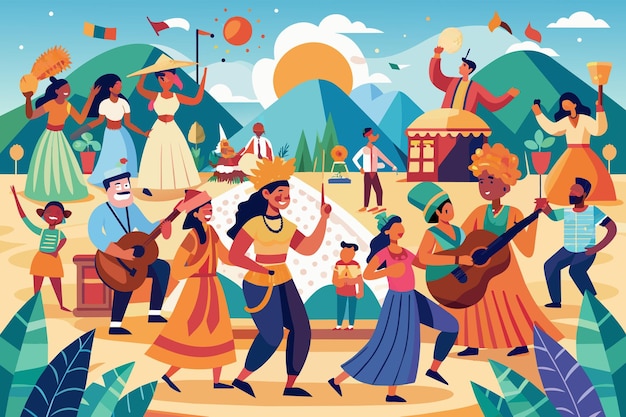 Vetor ilustração colorida de um festival ao ar livre vibrante com pessoas diversas dançando, tocando instrumentos musicais e desfrutando de várias atividades culturais